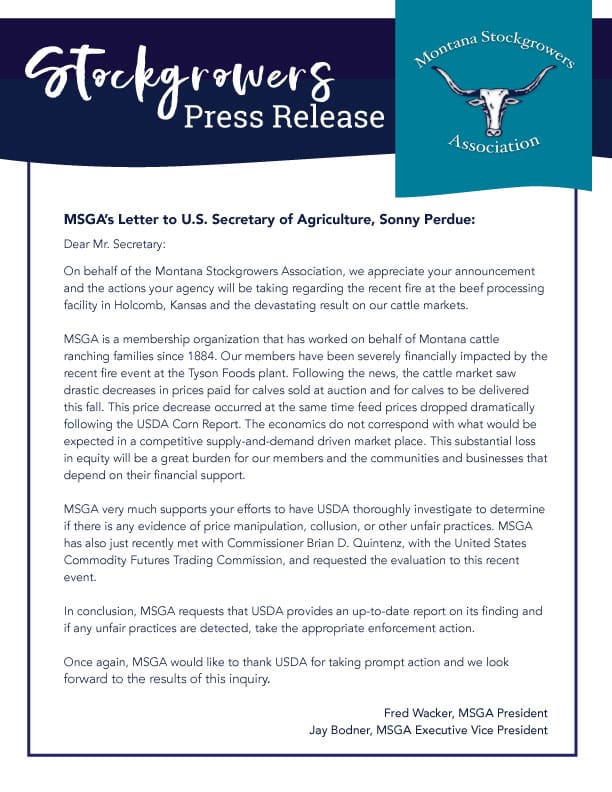 - Montana Stockgrowers Association MSGA's Letter to U.S. Secretary of Agriculture, Sonny Perdue